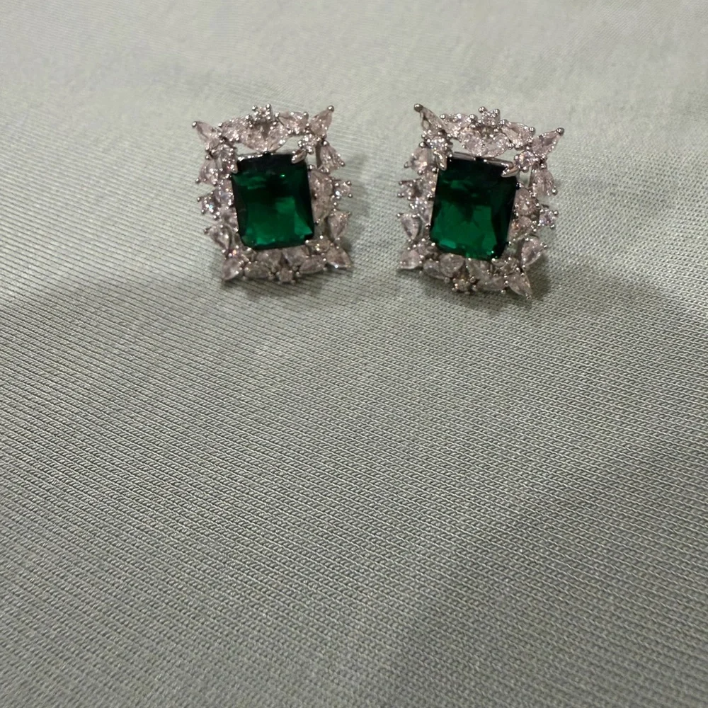 Emerald Green Square Halo Stud Earrings by - Picture 2 of 2